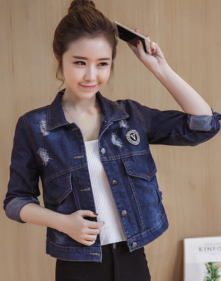 พรีออเดอร์ เสื้อคลุมยีนส์ แขนยาว แฟชั่น คอปก ใส่ทำงานได้ สียีนส์เข้ม 