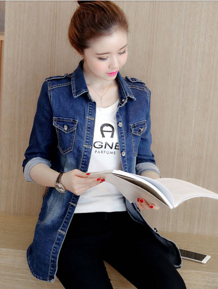 พรีออเดอร์ เสื้อกันหนาว  แขนยาว  คอปก แฟชั่น พับแขนได้ เสื้อคลุมยีนส์เข้ม