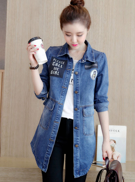 พรีออเดอร์ เสื้อกันหนาว  แขนยาว แฟชั่น เสื้อคลุมยีนส์ คอปก ปักลาย สี ยีีนส์เข้ม 