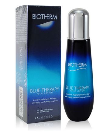 BIOTHERM Blue Therapy Milky Lotion 75ml. มอยซ์เจอร์ไรเซอร์เนื้อน้ำนม จัดการความร่วงโรยของผิว ปรับสีผิวให้สว่าง สดใส เปล่งปล่ง พร้อมฟื้นฟูผิวจากความร่วงโรยแห่งวัยมอบความชุ่มชื้นให้ผิว เสริมการทำงานของเซรั่มบำรุงผิว เพื่อผิวกระชับได้รูปสวย ด้วยเ