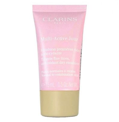 Clarins Multi Active Jour Targets Fine Lines Antioxidant Day Cream Normal To Dry Skin ขนาดทดลอง 15 ml. ครีมลดเลือนริ้วรอยสำหรับตอนเช้า สำหรับผิวธรรมดา-ผิวแห้ง ช่วยชะลอการเกิดริ้วรอยแรกเริ่ม เนื้อบางเบา ซึมซาบไว สบายผิว ให้ผิวได้รับการผ่อนคลายจาก