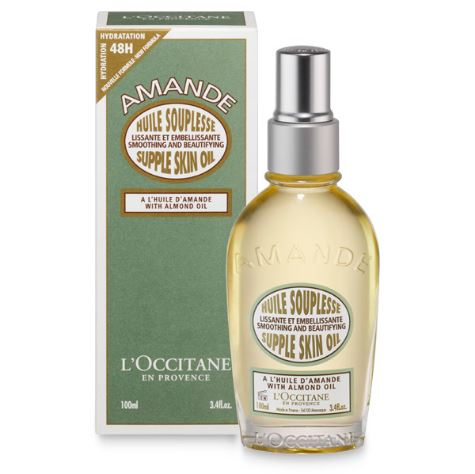 L'OCCITANE Almond Supple Skin Oil 100 ml. น้ำมันอัลมอนด์เข้มข้นมากกว่า 50% ช่วยฟื้นบำรุงให้ผิวกระชับและนุ่มลื่นขึ้น ผิวของคุณจะชุ่มชื่นและได้รับการบำรุงจากส่วนผสมพิเศษของน้ำมันอัลมอนด์และน้ำมันคาเมลลินาที่อุดมไปด้วยโอเมก้า 3 และ 6 รวมถึงซิล