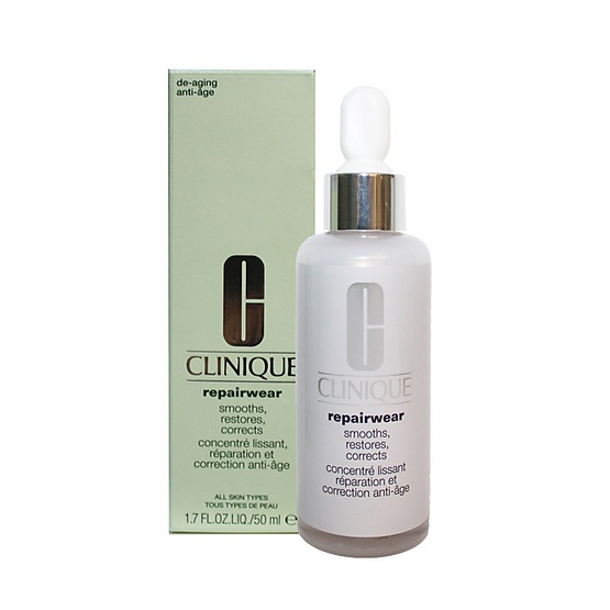 CLINIQUE Repairwear Smooths, Restores, Corrects 50ml. เซรั่มเพื่อผิวหน้าเรียบเนียน กระชับ ดูอ่อนกว่าวัยเสริมความมั่นใจได้อีกครั้งเข้าฟื้นฟูและเติมเต็มร่องผิว ริ้วรอยดูลดลง เอกสิทธิ์เฉพาะ Clinique โดยการใช้เอ็มไซม์เข้าฟื้นฟูผิวจากริ้วรอย เพื่อก