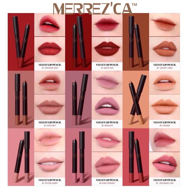 **พร้อมส่ง**Merrezca Lip Velvet Pencil ลิปเนื้อแมทท์ที่มาในรูปแบบของแท่งดินสอ ใช้งานง่าย พกพาสะดวก บอกตัวตนและไลฟ์สไตล์ของสาวๆในแต่ละวัน จะลุคไหนก็แมทช์ได้หมด ติดทน เอาอยู่ทุกสถานการณ์