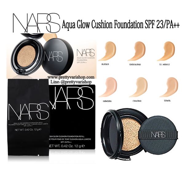 NARS Aqua Glow Cushion Foundation SPF 23/PA++ 12g. (รีฟิล) คุชชั่นรองพื้นเนื้อบางเบา แต่ปกปิดเนียนสนิท เพิ่มระดับการปกปิด ให้เป็นระดับสูงได้อย่างง่ายดาย สามารถใช้เติมระหว่างวันได้ มอบผิวสวยเป็นธรรมชาติ อีกทั้งเก็บกักน้ำในผิว ช่วยปกป้องผิวจากคว