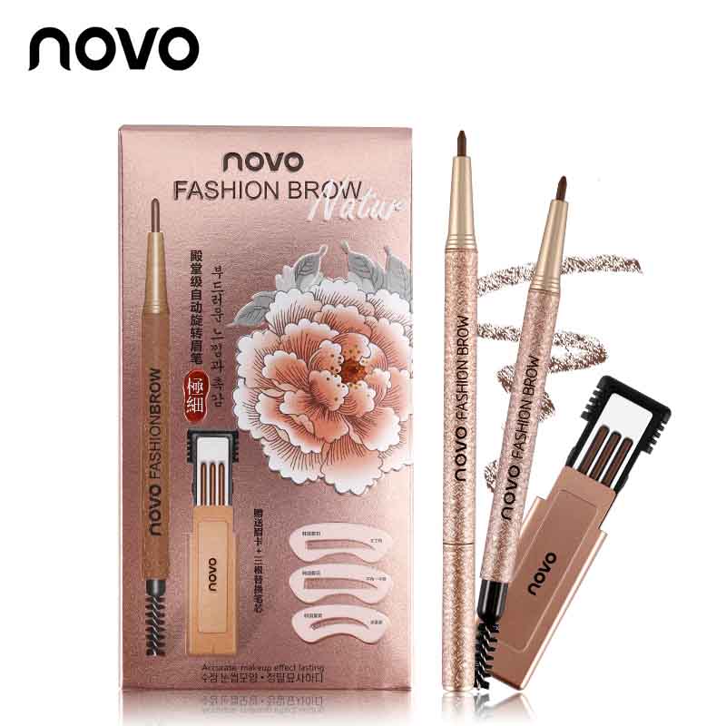 novo FASHION BROW โนโว ดินสอเขียนคิ้ว แบบหมุน มีแปรงปัดคิ้วในตัว แพคสุดคุ้ม พร้อมไส้ดินสอเปลี่ยน 3 แท่ง + บล็อกคิ้ว 3 แบบ