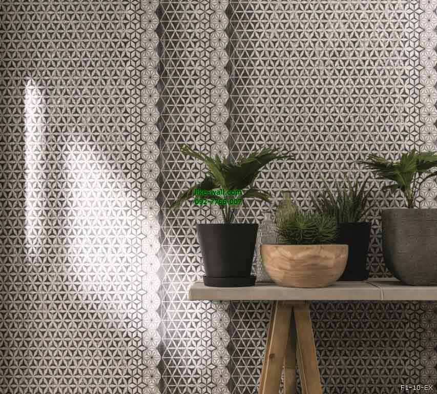 ตัวอย่างห้องตกแต่งด้วย วอลเปเปอร์ลายดอกไม้ผสมผสานสี่เหลี่ยมข้าวหลามตัด สีดำ