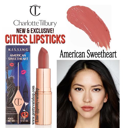 Charlotte Tilbury K.I.S.S.I.N.G Lipstick สี American Sweetheart (Limited Edition) ลิปสติกคอลเลคชั่นลิมิเต็ดอิดิชั่น เนื้อครีม สีนู้ดอมส้มอมน้ำตาล ใกล้เคียงกับสีขายดีอย่าง Bitch Perfect แต่จะออกส้มมากกว่านิดนึงค่ะ สีสวยมากๆ สีนี้ทาง่าย ใช้ได้ทุ
