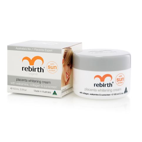 Rebirth Placenta Whitening Cream with Wakamine, Collagen & Sunscreen 100g. ครีมรกแกะไวท์เทนนิ่งหน้าเด็ก สำหรับผิวชาวเอเชียช่วยให้ สวย ขาว และเด้ง ในกระปุกเดียว ทำให้ผิวขาว เนียนนุ่ม ดูอิ่มเอิบช่วยให้ผิวตึงช่วยเก็บกักน้ำได้ดี กระตุ้นการสร้า