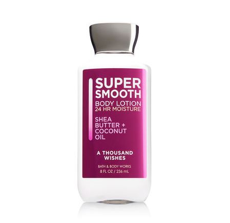Bath & Body Works Super Smooth A Thousand Wishes Shea Butter & Coconut Oil Body Lotion 236 ml. โลชั่นบำรุงผิวสูตรใหม่ เพื่อผิวเนียนนุ่มเป็นพิเศษเพิ่มสารสกัดน้ำมันมะพร้าว ช่วยให้ผิวเนียนเรียบ ชุ่มชื่น นุ่มอิ่มฟูน่าสัมผัส กลิ่นหอมผสมผสาน