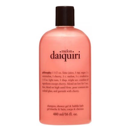 **พร้อมส่ง**Philosophy Melon Daiquiri Shampoo, Shower Gel & Bubble Bath 480 ml. เจลอาบน้ำกลิ่นหอมเย้ายวนระดับเวิลด์คลาส กลิ่นสดชื่นช่วยเติมพลังให้ผิว พร้อมประสิทธิภาพ 3 ประการในหนึ่งเดียว สามารถใช้ทำความสะอาดเส้นผมเหมือนแชมพู ใช้เป็นเจลอาบน้ำ และสำหรั