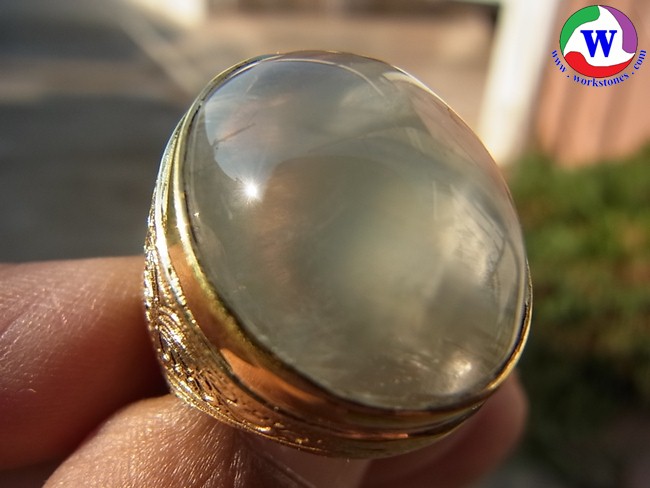 แหวนทองเหลืองชาย เบอร์ 61 แก้วโป่งข่ามนำโชคชนิดแก้วพิรุณสีฟ้าเทาแซมขาว