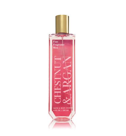 Bath & Body Works Chestnut & Argan Fine Fragrance Mist 236 ml. สเปร์ยน้ำหอมที่ให้กลิ่นติดกายตลอดวัน กลิ่นหอมนำของกลิ่นอาร์แกนออยล์ผสมกับกลิ่นมัคส์ ให้กลิ่นหอมหวานเหมือนกลิ่นแป้งหอมของหญิงสาว หอมมากๆเลยค่ะ