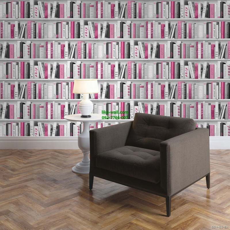 ตัวอย่างห้องตกแต่งด้วย วอลเปเปอร์ลายชั้นหนังสือ สีชมพู