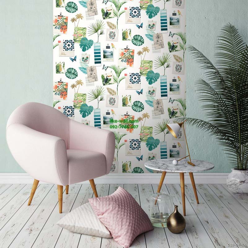 ตัวอย่างห้องตกแต่งด้วย วอลเปเปอร์ลายใบไม้ นกฟลามิงโก้