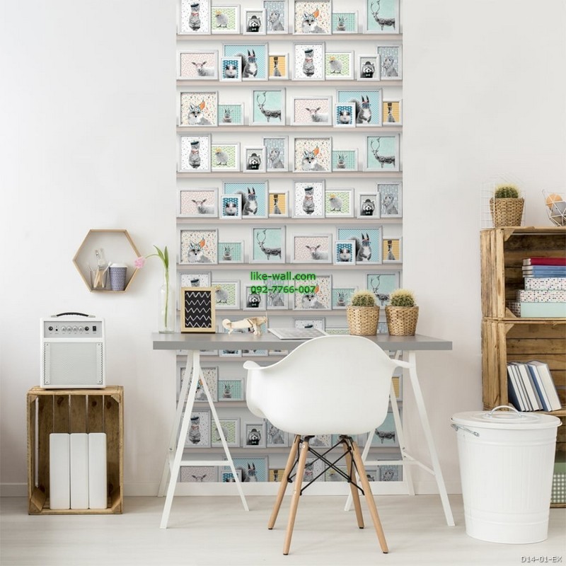 ตัวอย่างห้องตกแต่งด้วย วอลเปเปอร์ลายชั้นวางกรอบรูปน่ารัก