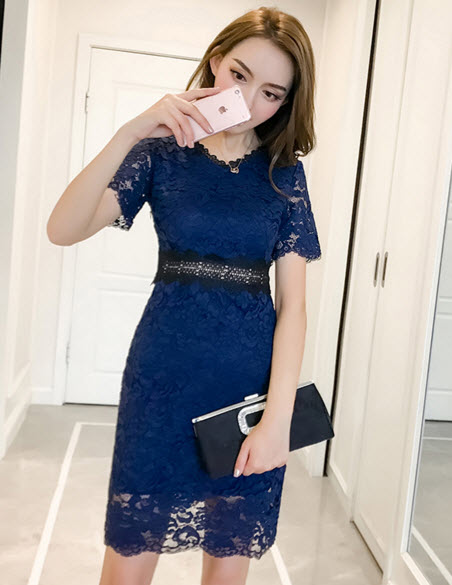 พรีออเดอร์ เดรสลูกไม้ เดรสสั้น แฟชั่น ชุดทำงาน ผ้าลูกไม้ทั้งตัว มีสายคาดเอว สี กรม ส้ม