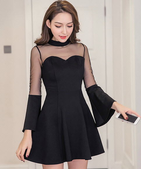 พรีออเดอร์ เดรสสั้น แขนระฆัง เดรสแฟชั่นชีฟอง แขนห้าส่วน ใส่ทำงานหรือใส่ออกงานได้ สีดำ