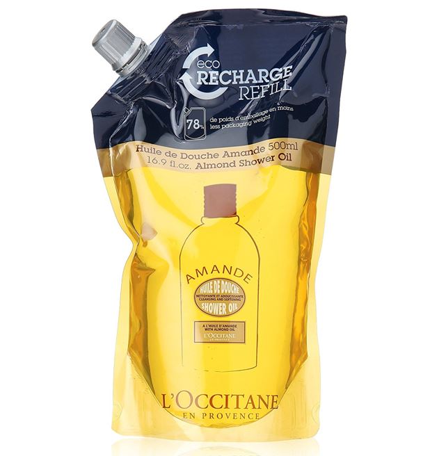 L'Occitane Almond Cleansing and Softening Shower Oil Eco Recharge Refill 500 ml. แบบถุงเติม  รีฟิลเจลเนื้อออยล์จะกลายเป็นครีมน้ำนมละเอียดอ่อน เข้าชะล้างสิ่งสกปรกได้อ่อนโยน ด้วยส่วนผสมของ Sweet Almond Oil อุดมด้วยกรดไขมันที่ดี โอเมก้า 9 บำรุงผิวให้ชุ่