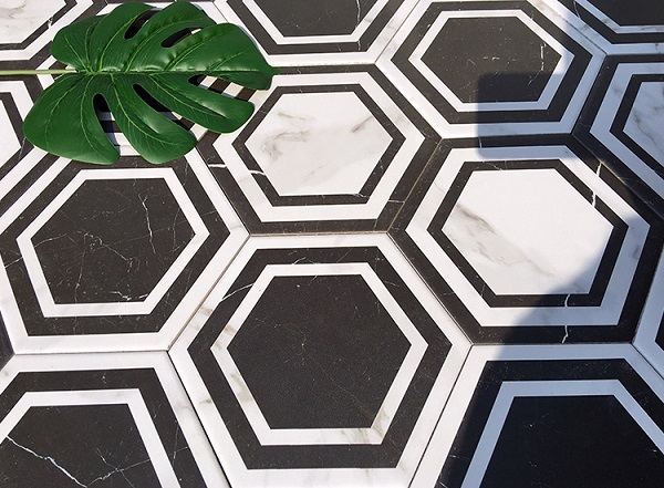 Black and White Marble Crack Hexagon Brick Bathroom Wall Tiles Restaurant Feature Tiles Hexagon Border Tiles 230