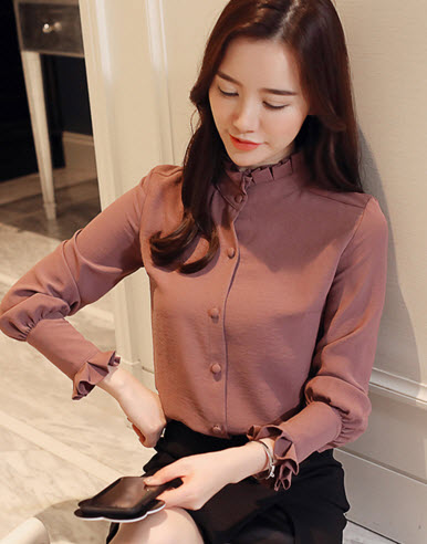 พรีออเดอร์ เสื้อเชิ้ต คอจับจีบระบาย เล็ก ๆ เพิ่มความเก๋ เสื้อเชิ้ตผู้หญิง ชุดทำงาน สี ส้มอิฐ