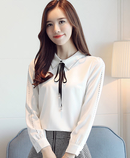 พรีออเดอร์ เสื้อเชิ้ต คอปก แขนยาว แต่งโบว์ด้านหน้าสุดเก๋ จั๊มแขน แบบไม่ซ้ำใครแน่นอนจ้าา สี ขาว 