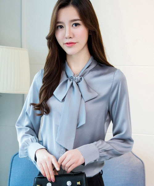 พรีออเดอร์ เสื้อเชิ้ต คอปก แขนยาว ชุดทำงาน คอมีสายผูกโบว์ด้านหน้า สุดเก๋ ใส่ทำงานได้ สี เทา กรม ชมพู ขาว  แดง