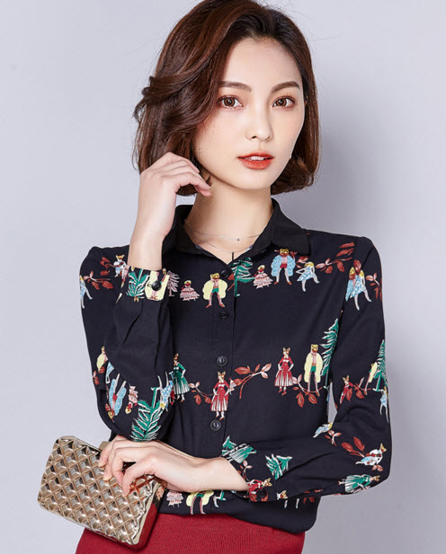 พรีออเดอร์ เสื้อเชิ้ต คอปก แขนยาว ผ้าคอตตอนบาง ใส่สบาย ไม่ร้อน ลายดอกไม้ ชุดทำงาน สี ขาว   ดำ