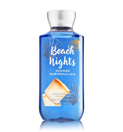 Bath & Body Works Beach Nights Shea & Vitamin E Shower Gel 295ml. เจลอาบน้ำกลิ่นหอมติดกายนานตลอดวัน กลิ่นหอมอบอุ่นของมาสเมโล่แสนหวาน ด้วยกลิ่นหอมอ่อนๆของวนิลลา ผสานกลิ่นไอทะเล หอมโรแมนติกมากๆค่ะ