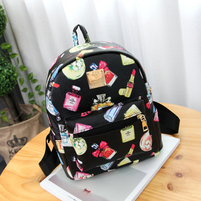 (พร้อมส่งสีดำลายเครื่องสำอางค์) กระเป๋าเป้สะพายหลัง กระเป๋าแฟชั่นเกาหลี กระเป๋าเป้ใบเล็ก