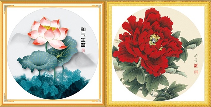 Lotus, peony (คู่)(พิมพ์ลาย)