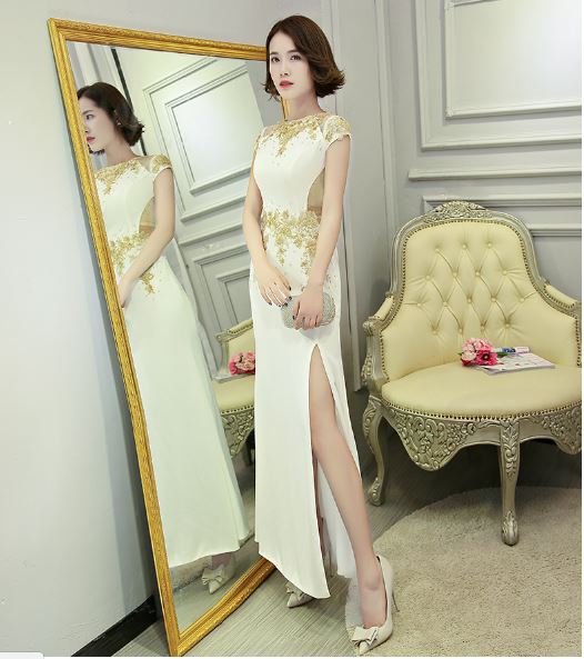  เสื้อผ้าผู้หญิง ชุดออกงาน ชุดราตรี ชุดราตรียาวสีขาวเข้มตามรูป