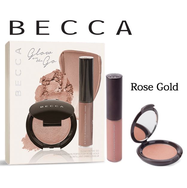 **พร้อมส่ง**Becca Glow on The Go Shimmering Skin Perfector Rose Gold Set เซ็ตเพื่อผิวโกลว์สวยแลดูมีมิติอย่างเป็นธรรมชาติที่มีทั้งไฮไลท์แบบตลับและแบบลิควิด มาพร้อมพิกเม้นท์แน่นติดทนนาน