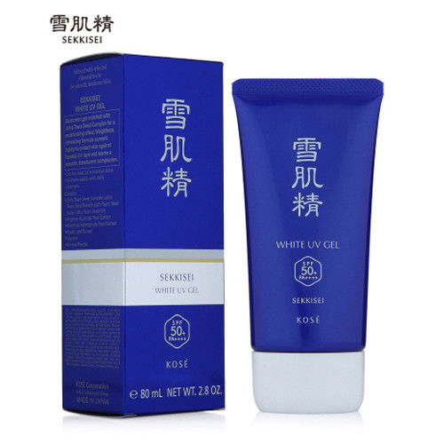 Kose SEKKISEI White UV Gel Sunscreen SPF50+ PA++++ 80g. ครีมกันแดดเนื้อเจลสูตรใหม่เนื้อบางเบา สดชื่น ซึมซาบเร็วไม่เหนียวเหนอะหนะ เหมาะสำหรับผิวผสม-ผิวมัน พร้อมเติมเต็มความชุ่มชื้นและดูแลผิวสวยให้เนียนนุ่มกระจ่างใสตลอดวัน และคุณค่าจากสมุนไพรตะ