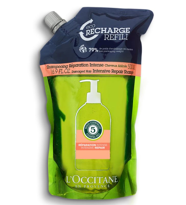 L'OCCITANE Intensive Repair Shampoo Eco-Refill 500ml.รีฟิลแชมพูสูตรปราศจากซิลิโคนที่ช่วยซ่อมแซมและเสริมสร้างความแข็งแรงให้กับเส้นผมที่แห้งเสีย แตกปลาย และถูกทำลาย ฟื้นฟูไฟเบอร์เส้นผมให้แข็งแรงตั้งแต่รากผมจดปลาย ช่วยให้ผมนุ่มลื่นเป็นประกาย มีชีวิตชีวา