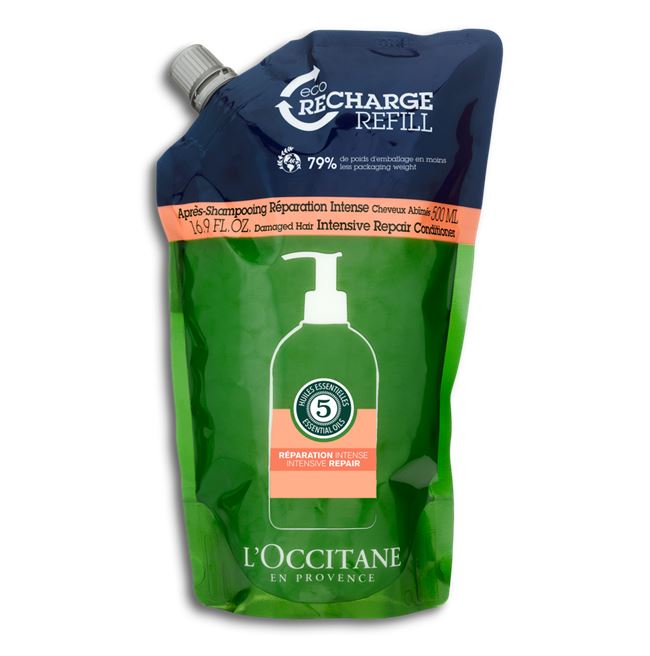 L'OCCITANE Intensive Repair Conditioner Eco-Refill 500ml. รีฟิล ถุงเติม คอนดิชันเนอร์สูตรปราศจากซิลิโคนที่ช่วยซ่อมแซมและเสริมสร้างความแข็งแรงให้กับเส้นผมที่แห้งเสีย แตกปลาย และถูกทำลาย ฟื้นฟูไฟเบอร์เส้นผมให้แข็งแรงตั้งแต่รากผมจดปลาย ช่วยให้ผมนุ่มลื่น