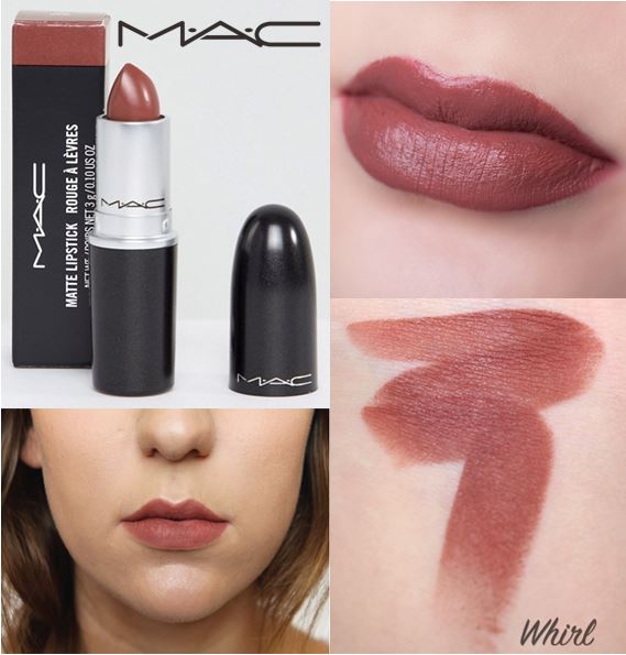 MAC Matte Lipstick #Whirl ลิปสติกแบบเนื้อแมท โทนสีน้ำตาลชมพูกุหลาบ เฉดสีน้ำตาลหวานๆ ทาแล้วเข้ากับเมคอัพโทนสีน้ำตาลได้สวยมาก เม็ดสีสวยคมชัด เนื้อแน่นเนียนนุ่ม ละเอียดทาง่ายไม่เป็นคราบมอบสีสันติดทนนาน