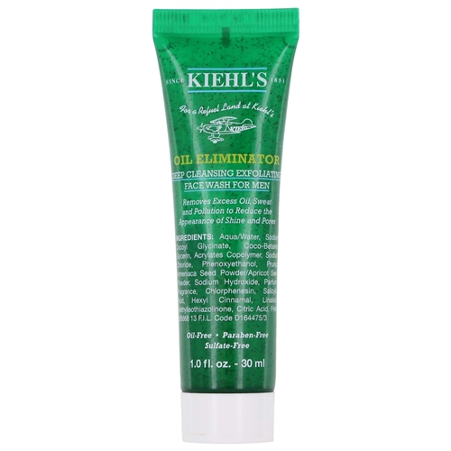 Kiehl's Oil Eliminator Deep Cleansing Exfoliating Face Wash For Men ขนาดทดลอง 30ml. ผลิตภัณฑ์ทำความสะอาดผิวหน้าเนื้อเจลใสผสมเม็ดบีดส์ สูตรสำหรับผู้ชายโดยเฉพาะ ผสมเมล็ดแอพริคอตบดละเอียด ช่วยขจัดเซลล์ผิวที่เสื่อมสภาพ ดูดซับน้ำมันหล่อเลี้ยงผ
