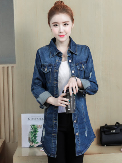 พรีออเดอร์ เสื้อคลุมยีนส์ คอปกสีเข้ม แขนยาว ใส่สบาย สีเข้ม