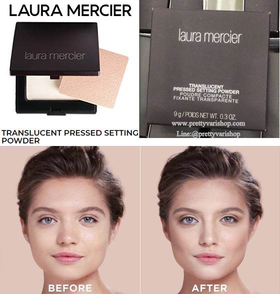 Laura Mercier Translucent Pressed Setting Powder 9g. (กล่องแพคเกจใหม่สีดำ) แป้งโปร่งใสอัดแข็ง เนื้ออณูของแป้งที่เล็กละเอียด มีเนื้อสัมผัสที่เนียน นุ่ม บางเบา เกลี่ยง่ายให้ความรู้สึกดุจใยไหมยามสัมผัส ใช้สำหรับเซ็ตรองพื้นให้ติดทนยาวนานตลอดวัน ไม