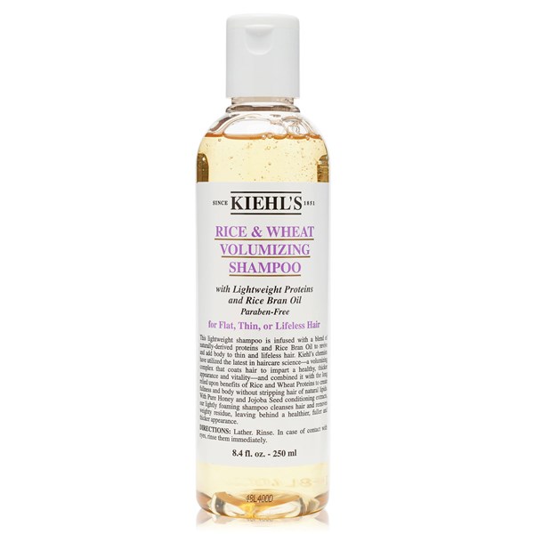 Kiehl's Rice & Wheat Volumizing Shampoo 250ml. แชมพูสูตรบางเบา ช่วยฟื้นคืนความสดใสให้กับผมบางที่ไร้ชีวิตชีวา มีส่วนผสมของโปรตีนสกัดจากธรรมชาติและน้ำตาลหลายโมเลกุลเพื่อคืนความชีวิตชีวาและดกหนาให้แก่เส้นผม ส่วนผสมที่ช่วยเพิ่มความดกหนาจะ