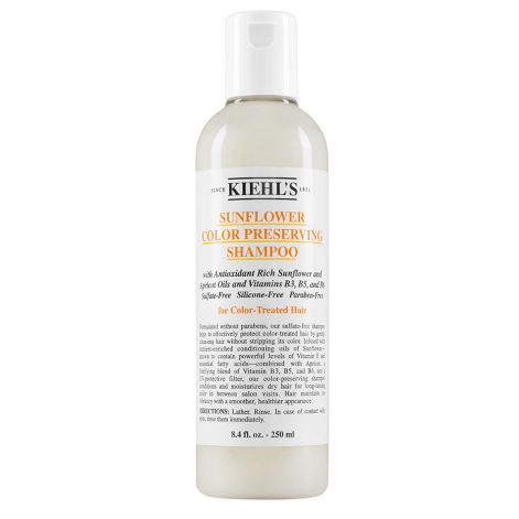 Kiehl's Sunflower Color Preserving Shampoo 250ml. แชมพูเพื่อการปกป้องผมที่ผ่านการทำสี ได้อย่างมีประสิทธิภาพไม่ให้ดูไร้ชีวิตชีวา ช่วยรักษาความชุ่มชื้นพร้อมบำรุงผมที่เสียจากการใช้สารเคมี ด้วยส่วนผสมของน้ำมันดอกทานตะวันและแอพปริคอต ประกอบด้ว