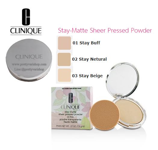 CLINIQUE Stay-Matte Sheer Pressed Powder Oil Free 7.6 g. แป้งพัฟอัดแข็งเนื้อเนียน สูตรปราศจากความมัน ช่วยดูดซับความมันบนผิว ให้ผิวรู้สึกสบายไม่มันวาว เหมาะสำหรับผิวมัน สีเนียนเข้ากับผิว บางเบา ปกปิดปานกลาง ไม่เป็นคราบ ช่วยสร้างผิวสวยสุขภาพดีแล