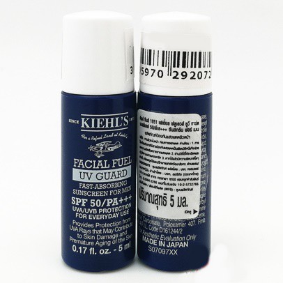 Kiehl's Facial Fuel Daily UV Guard SPF 50/PA+++ ขนาดทดลอง 5ml. โลชันกันแดดทั้งรังสียูวีเอและบี พัฒนามาเพือผิวของผู้ชายโดยเฉพาะ สูตรกันน้ำ เนื้อบางเบา ซึมซาบไว และไม่ผสมน้ำหอม ผสานสารเสริมความชุ่มชื้นที่ไม่มัน เพื่อเติมความชุ่มชื้นให้ผิวตล