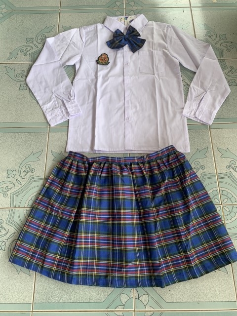 B++คลิกดูไซต์++ชุดนักเรียนญี่ปุ่นsizeใหญ่แขนยาว โบว์+กระโปรงลายสก๊อตสีน้ำเงิน