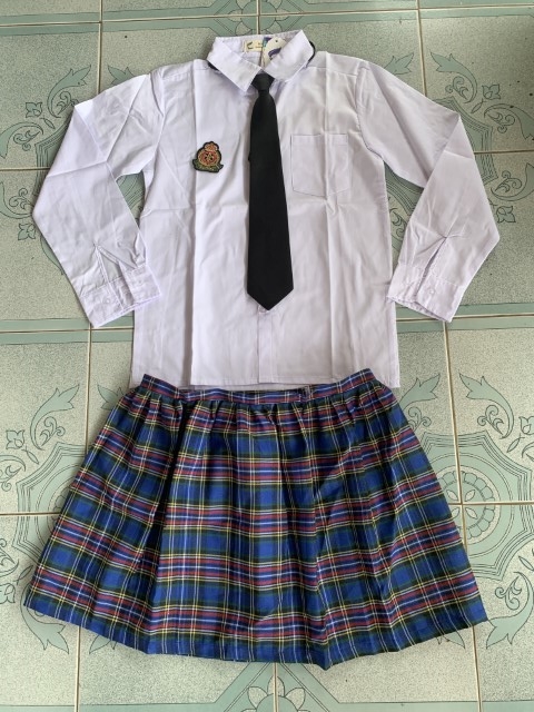 ++คลิกดูไซต์++ชุดนักเรียนญี่ปุ่นไซต์ใหญ่แขนยาว เนคไทสีดำ+กระโปรงลายสก๊อตสีน้ำเงิน
