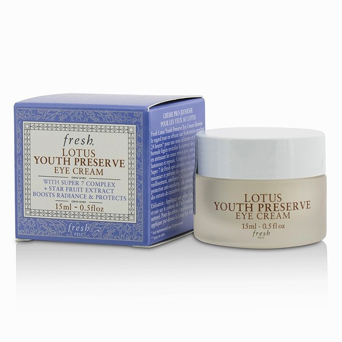 Fresh Lotus Youth Preserve Eye Cream 15 ml. ผลิตภัณฑ์บำรุงผิวรอบดวงตา เนื้อบางเบา ช่วยคืนความสดใสให้ผิวรอบดวงตา ให้ความชุ่มชื้นได้ยาวนานถึง 24 ชั่วโมง ให้ผิวรอบดวงตามีความกระจ่างใส เปล่งประกายดูอ่อนวัย