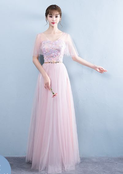 ชุดเพื่อนเจ้าสาว ชุดไปงานแต่งงาน สีชมพู แขนระบาย