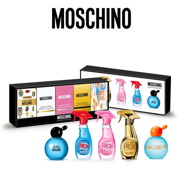 Moschino Miniatures Collection 2018 (5 Items) ชุดเซ็ทน้ำหอมขายดีของ Moschino ปี 2107 จัดเซ็ทของขวัญมา 5 กลิ่น 5 ขวดในไซส์ขนาดทดลอง เป็นน้ำหอมโทนหอมหวานสดชื่น เหมาะกับหญิงสาวที่ต้องการเติมหอมความหวาน ดั่งอยู่ในทุ่งดอกไม้แสนสวย