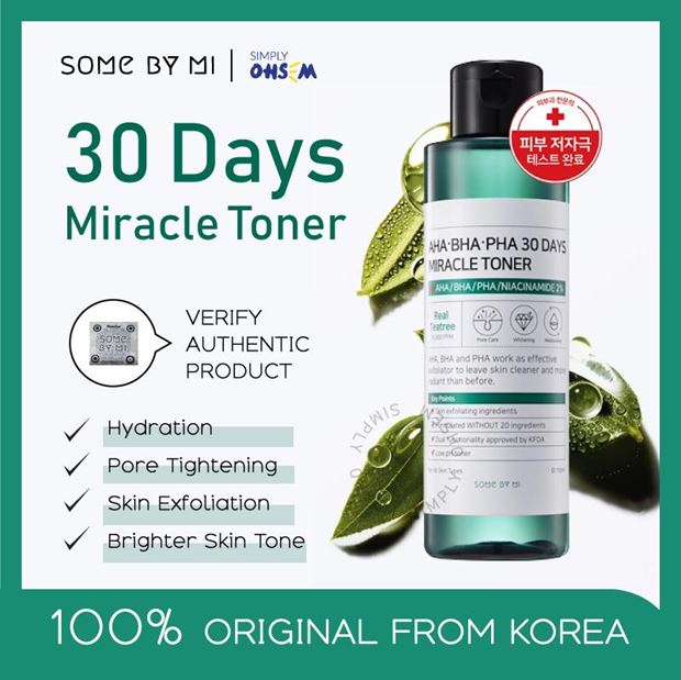 *พร้อมส่ง*SOME BY MI AHA BHA PHA 30 Days Miracle Toner 150 ml. โทนเนอร์รักษาสิว 30วัน แบรนด์เกาหลี ทำความสะอาดผิวหน้า สำหรับผู้ที่เป็นสิว ผิวมัน รูขุมขนกว้างโดยเฉพาะ ด้วยส่วนผสมจากสารสกัดทีทรี 10,000 PPM ช่วยลดสิว กระชับรูขุมขน ฟื้นฟูผิวให้ดูกระจ่างใสขึ้น